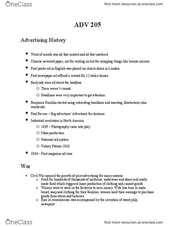 ADV 205 Lecture Notes - Lecture 1: Thematic Apperception Test, Satellite Internet Access, Clarity thumbnail