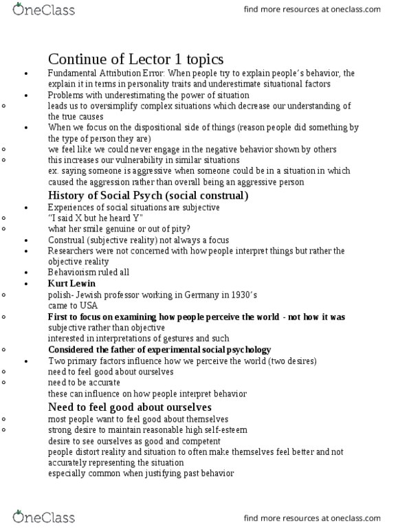 PSY-2213 Lecture Notes - Lecture 1: Leon Festinger, Cognitive Dissonance, Social Comparison Theory thumbnail