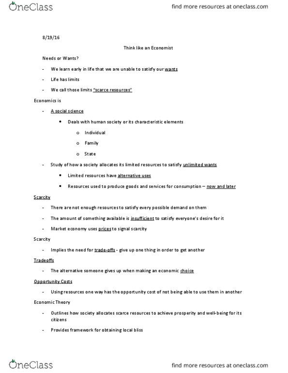 FHCE 2100 Lecture Notes - Lecture 2: Corn Flakes, Opportunity Cost, Market Economy thumbnail