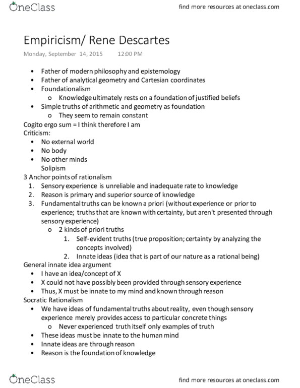 PHIL 100 Lecture Notes - Lecture 11: Cogito Ergo Sum, Analytic Geometry, Cartesian Coordinate System thumbnail