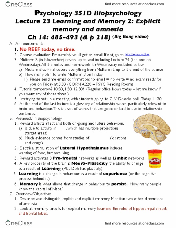 PSYC 351D Lecture Notes - Lecture 23: A228 Road, Explicit Memory, Frontal Lobe thumbnail