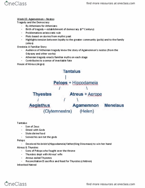 Classical Studies 2200 Lecture Notes - Lecture 16: Theogony, Pylades, Aegisthus thumbnail