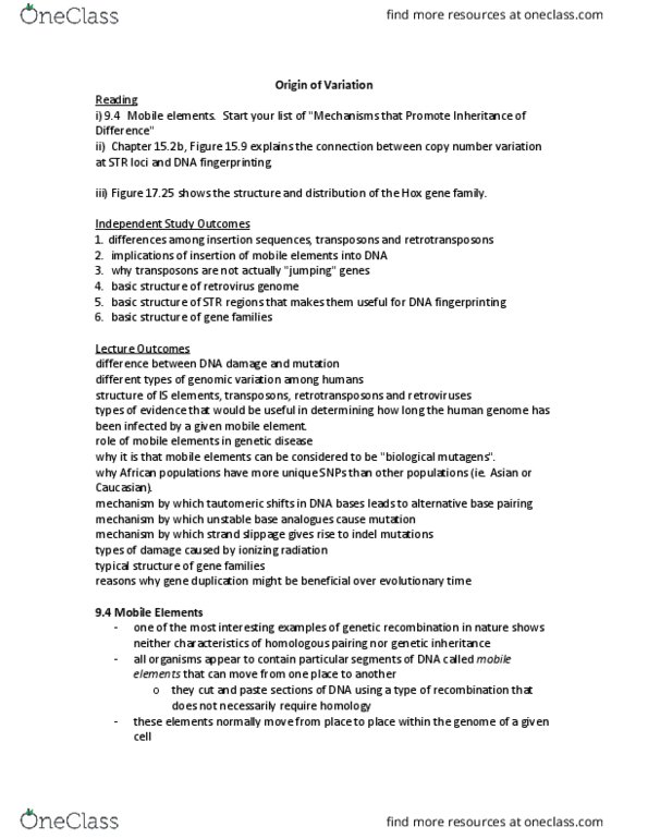 Biology 1001A Lecture Notes - Lecture 9: Retrovirus, Gene Duplication, Transposase thumbnail