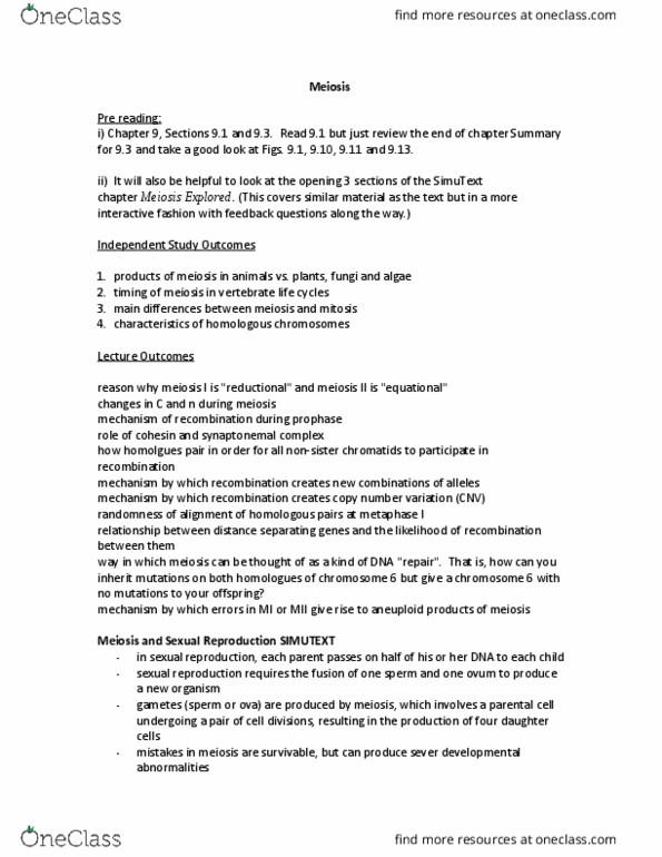 Biology 1001A Lecture Notes - Lecture 10: Cytokinesis, Homologous Chromosome, Karyotype thumbnail