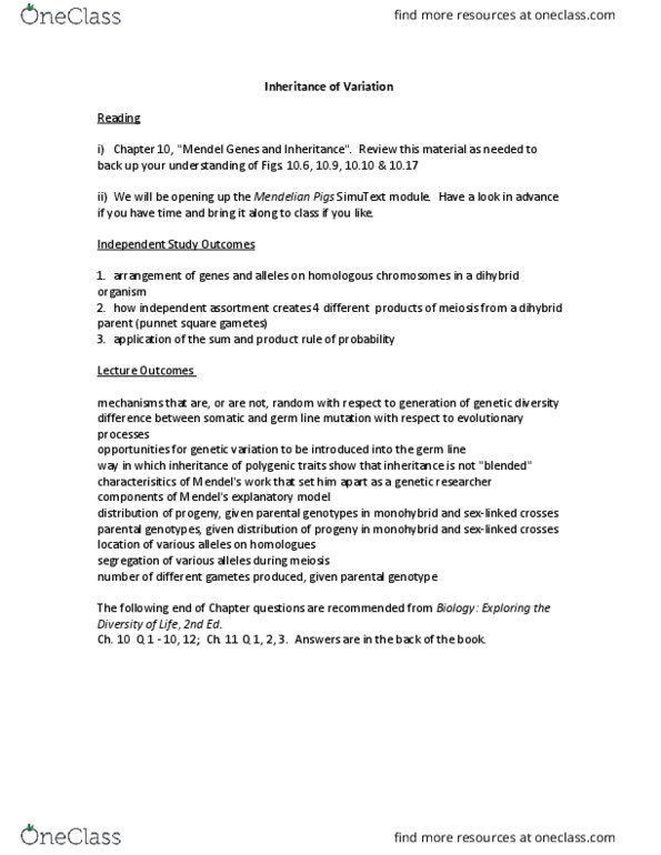 Biology 1001A Lecture Notes - Lecture 11: Dihybrid Cross, Punnett Square, Probability Distribution thumbnail