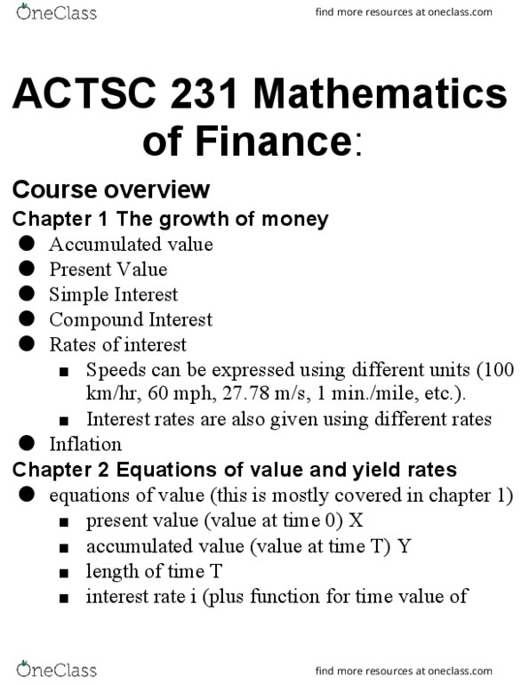 ACTSC231 Lecture Notes - Lecture 1: Interest, Sinking Fund, Preferred Stock thumbnail