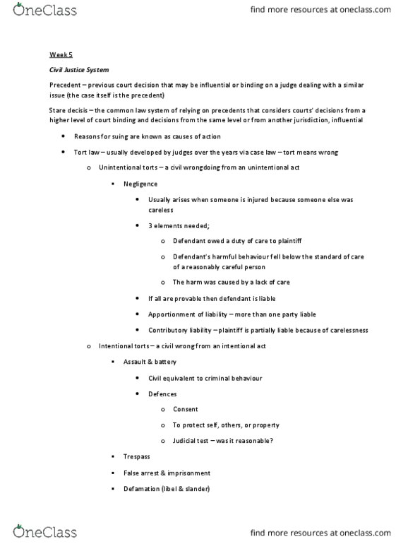 FRSC 1100H Lecture Notes - Lecture 5: Precedent, Diminished Responsibility, False Arrest thumbnail