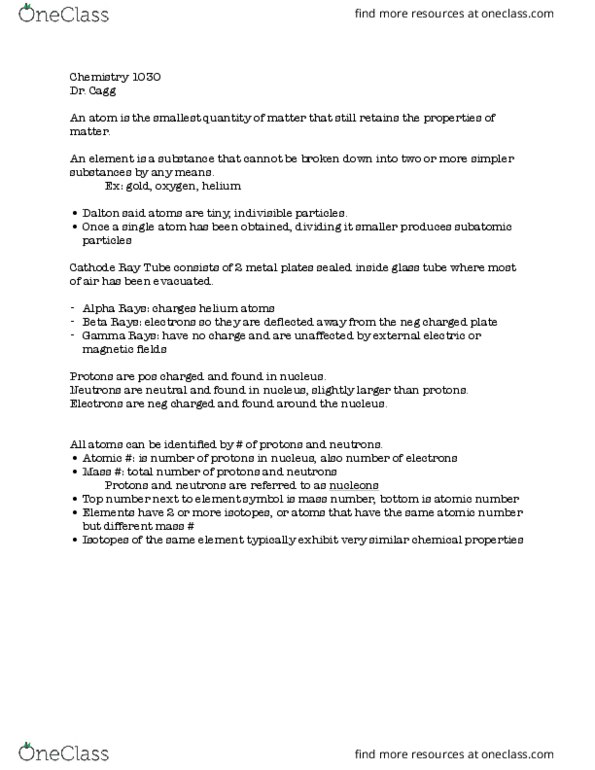 CHEM 1030 Lecture Notes - Lecture 2: Cathode Ray Tube, Atomic Number thumbnail