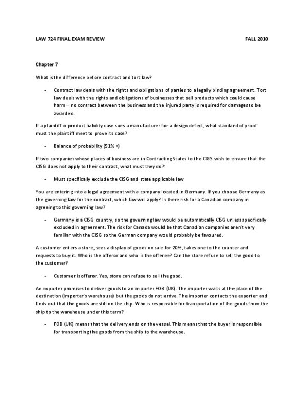 LAW 724 Lecture Notes - United Nations Convention On Contracts For The International Sale Of Goods, Most Favoured Nation, Inequality Of Bargaining Power thumbnail