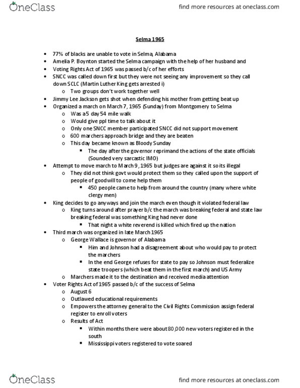 AFROAM 236 Lecture Notes - Lecture 14: Student Nonviolent Coordinating Committee, Voting Rights Act Of 1965, Southern Christian Leadership Conference thumbnail