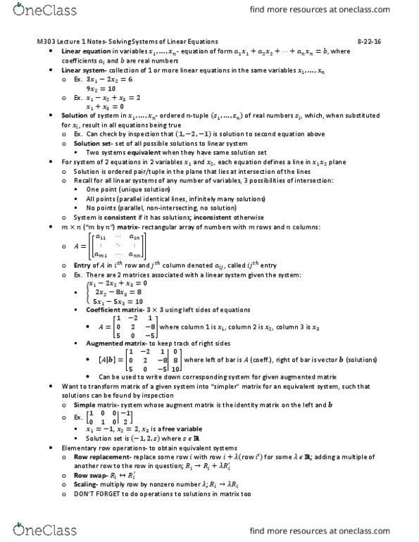 MATH-M 303 Lecture Notes - Lecture 1: Tuple, Coefficient Matrix, Linear Equation thumbnail