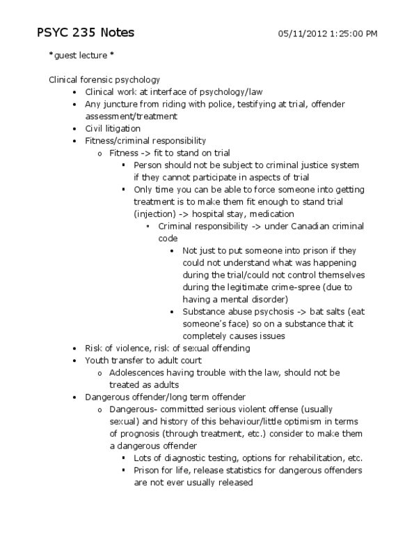 PSYC 235 Lecture Notes - Psychopathy Checklist, Antisocial Personality Disorder, Dangerous Offender thumbnail