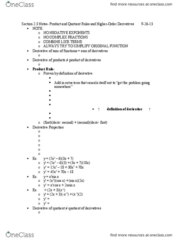 MATH-M 211 Lecture Notes - Lecture 6: Quotient Rule, Polynomial, Product Rule thumbnail