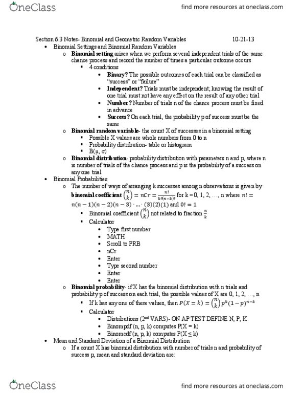 STAT-S 300 Lecture Notes - Lecture 15: Binomial Coefficient, Binomial Distribution, Geometric Distribution thumbnail