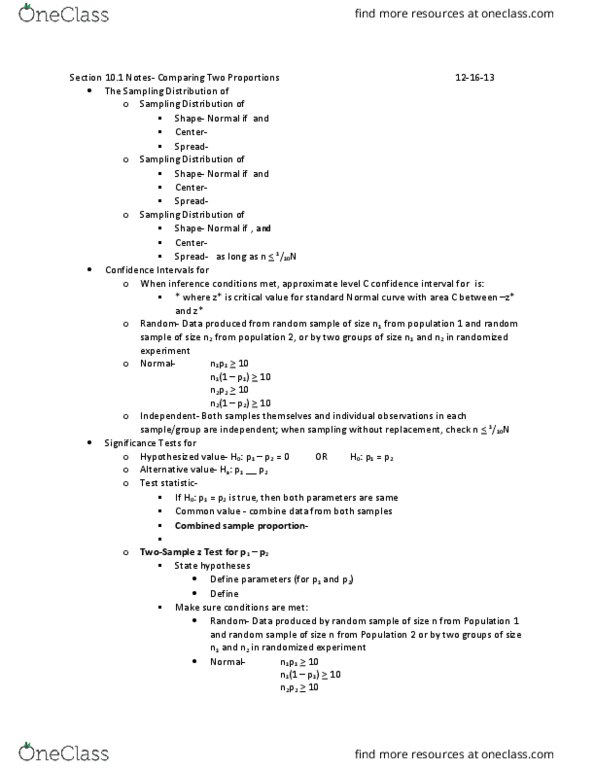 STAT-S 300 Lecture Notes - Lecture 25: Sampling Distribution, Test Statistic, Randomized Experiment thumbnail