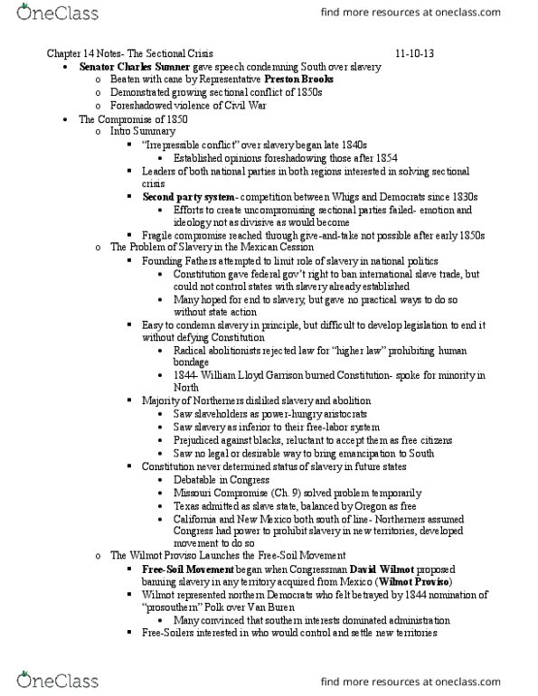 HIST-H 105 Lecture Notes - Lecture 1: Wilmot Proviso, Mexican Cession, Missouri Compromise thumbnail