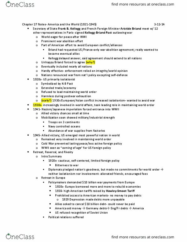 HIST-H 106 Lecture Notes - Lecture 1: Roosevelt Corollary, Pacifism, Permanent Normal Trade Relations thumbnail