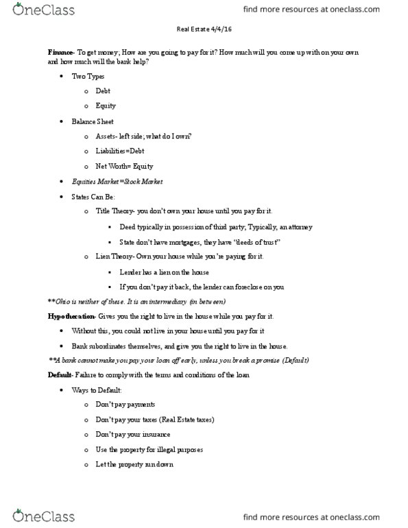 REAL 1010 Lecture Notes - Lecture 1: Real Estate Settlement Procedures Act, Fannie Mae, Hypothecation thumbnail