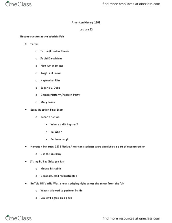 HIST 1103 Lecture Notes - Lecture 12: Platt Amendment, Rutherford B. Hayes, Pancho Villa thumbnail
