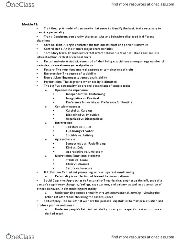 PY 101 Chapter Notes - Chapter 41-43: Observational Learning, Thematic Apperception Test, Neuroticism thumbnail