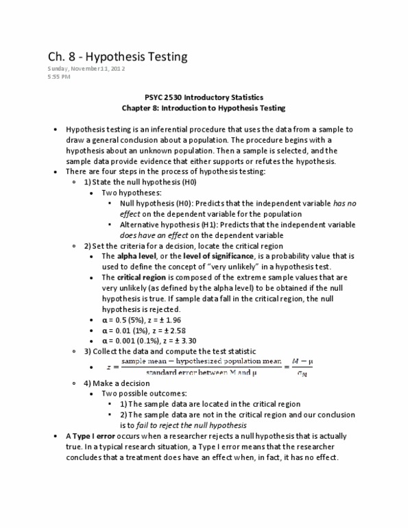 PSYC 2530 Chapter Notes - Chapter 8: Type I And Type Ii Errors, Null Hypothesis, Statistical Hypothesis Testing thumbnail