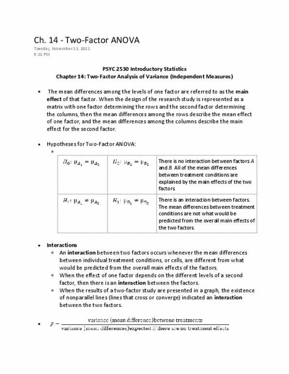 PSYC 2530 Chapter Notes - Chapter 14: Repeated Measures Design, Analysis Of Variance thumbnail