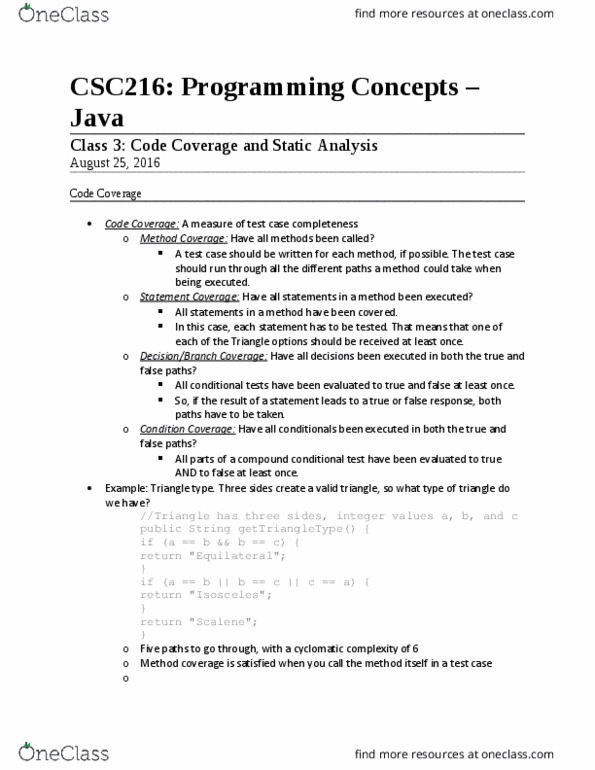 CSC 216 Lecture Notes - Lecture 3: Static Analysis, Cyclomatic Complexity, Findbugs thumbnail