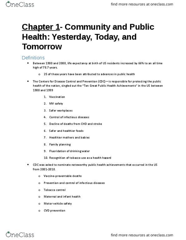 HSC 4201 Chapter Notes - Chapter 1: World Health Organization, American Public Health Association, Soho thumbnail