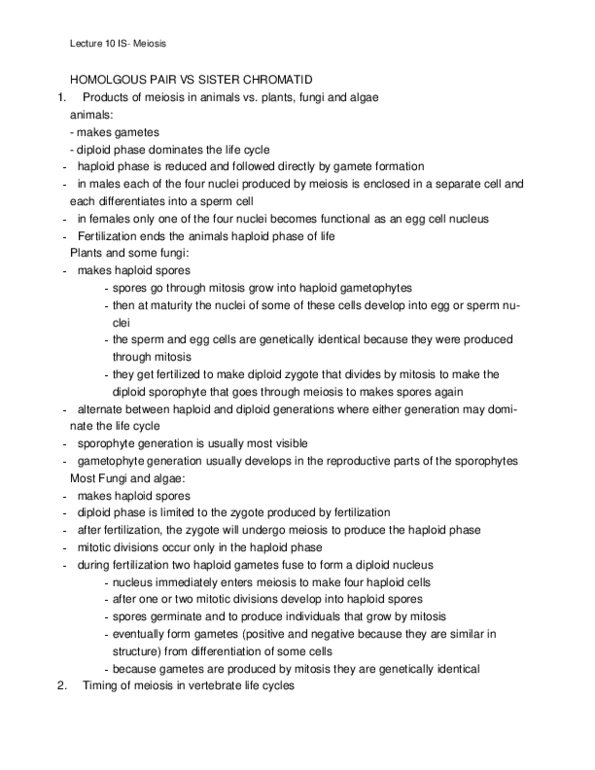 Biology 1001A Lecture Notes - Lecture 10: G2 Phase, Sister Chromatids, Sporophyte thumbnail