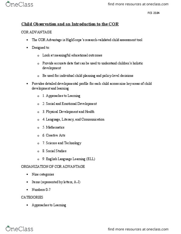 FCS-2104 Lecture 3: Child Dev 3-K Child Observation and an Introduction to the COR NOTES thumbnail