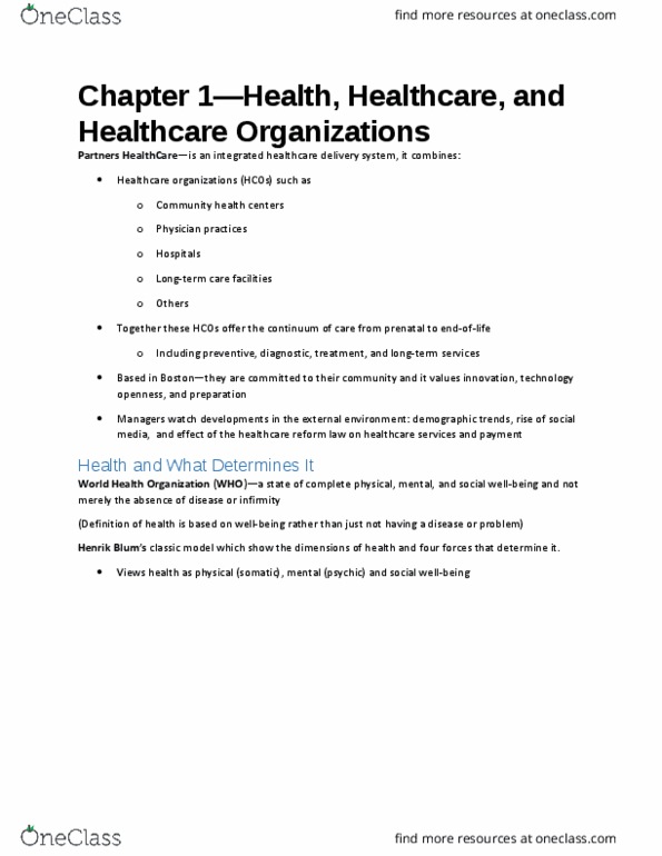 HSA 4180 Chapter Notes - Chapter 1: Newark Beth Israel Medical Center, World Health Organization, Patient Protection And Affordable Care Act thumbnail