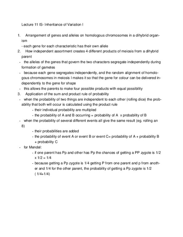 Biology 1001A Lecture Notes - Lecture 11: Mendelian Inheritance, Meiosis, Zygote thumbnail