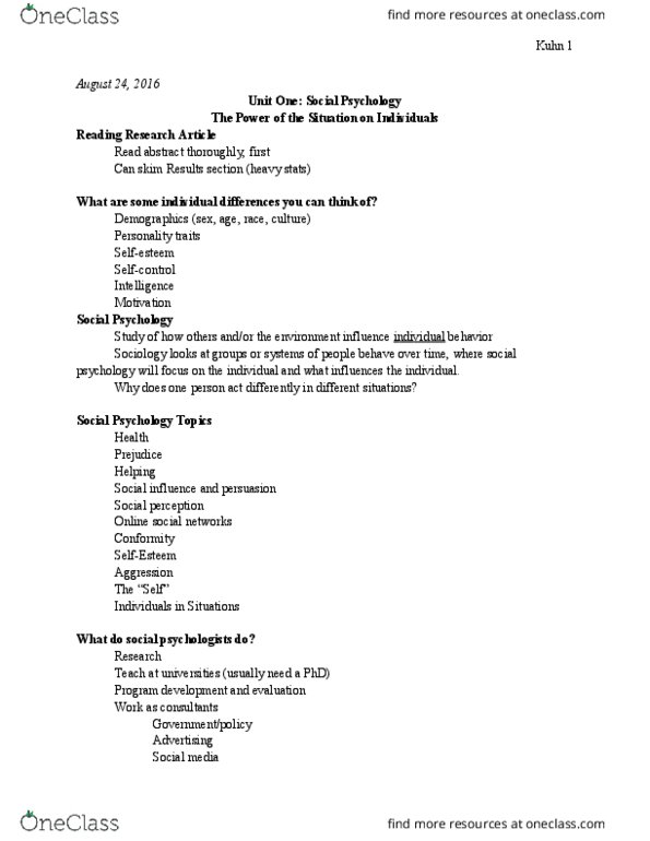 PSY 210 Lecture Notes - Lecture 2: Social Perception, Social Influence, Stanford Prison Experiment thumbnail