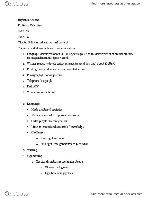 JMC 168 Lecture Notes - Lecture 3: Johannes Gutenberg, Egyptian Hieroglyphs, Technological Determinism thumbnail