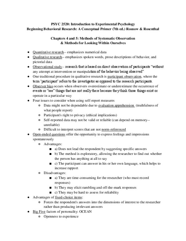 PSYC 2520 Chapter Notes - Chapter 4&5: Participant Observation, Observer-Expectancy Effect, Observational Study thumbnail