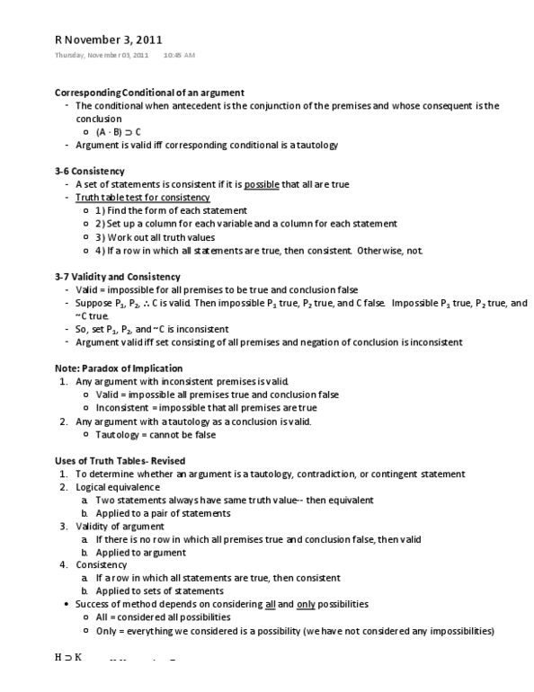 MODR 2640 Lecture Notes - November 3, Truth Table, Logical Equivalence thumbnail