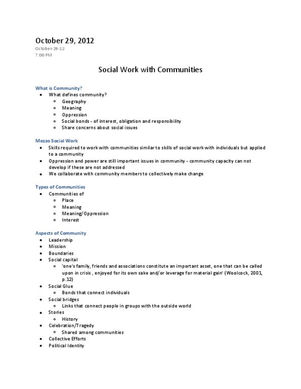 SOCWORK 1A06 Lecture Notes - Saul Alinsky, Community Organizing, Social Capital thumbnail