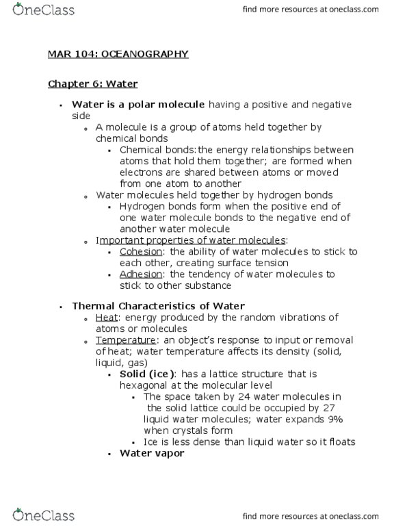 MAR 104 Lecture Notes - Lecture 6: Volumetric Heat Capacity, Water Vapor, Chemical Polarity thumbnail