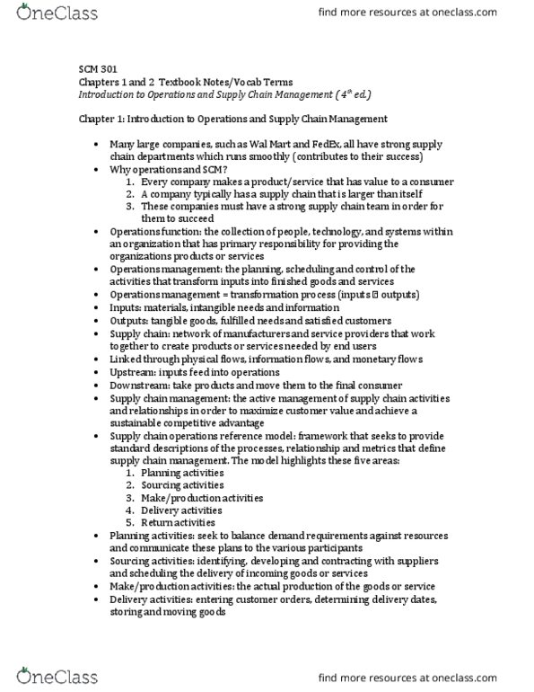 SCM 301 Chapter Notes - Chapter 1-2: Walmart, E-Commerce, Operations Management thumbnail