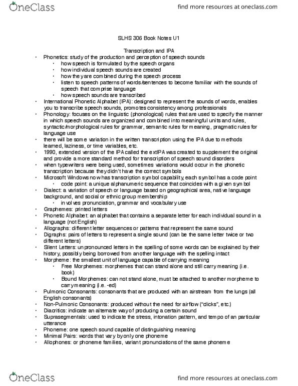 SLHS 30600 Chapter Notes - Chapter Unit 1: International Phonetic Alphabet, Phonetic Transcription, Extensions To The International Phonetic Alphabet thumbnail