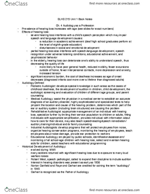 SLHS 21500 Chapter Notes - Chapter Unit 1: Audiology, Hearing Aid, Audiometry thumbnail