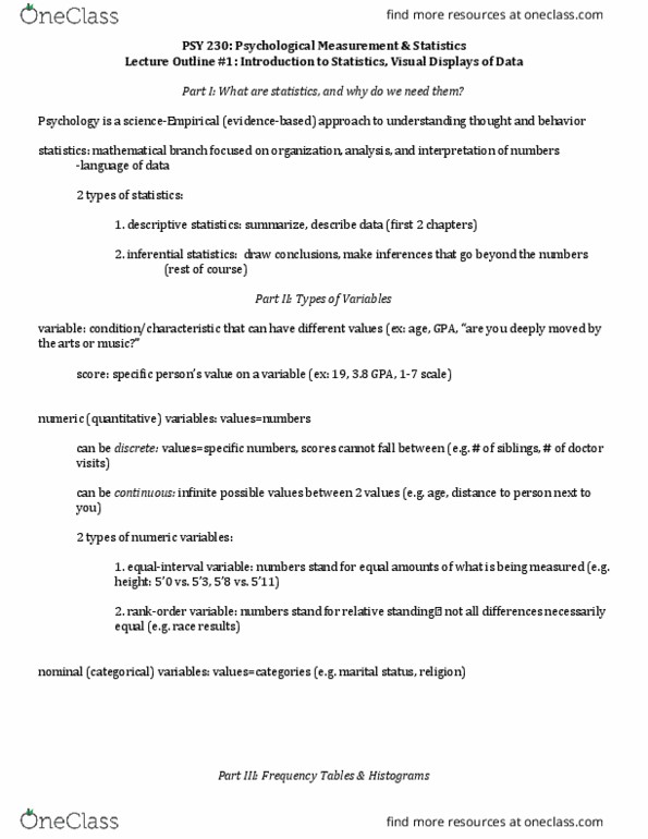 PSY 230 Lecture Notes - Lecture 1: Statistical Inference, Descriptive Statistics, Psy thumbnail