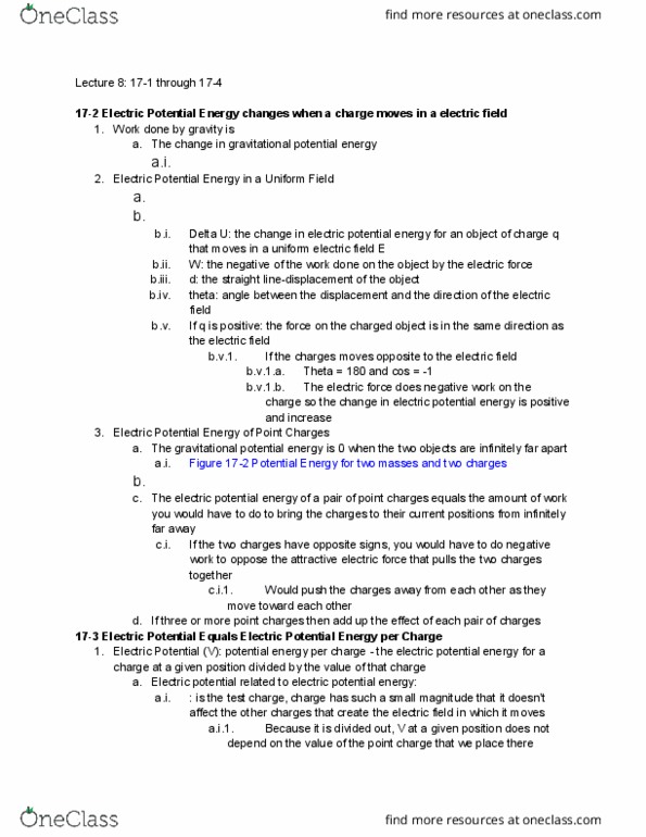 PHYS 6B Chapter Notes - Chapter 17: Electric Potential Energy, Test Particle, Electric Field thumbnail