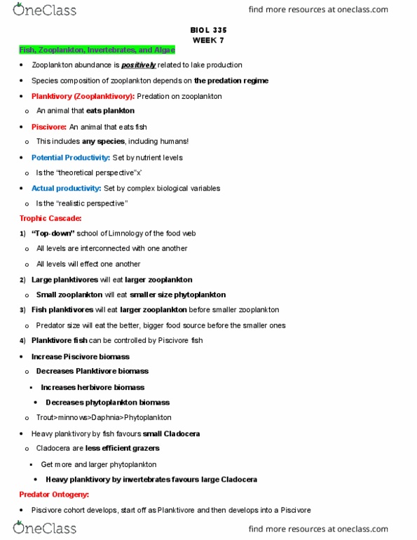 BIOL 335 Lecture Notes - Lecture 7: Cladocera, Trophic Cascade, Piscivore thumbnail