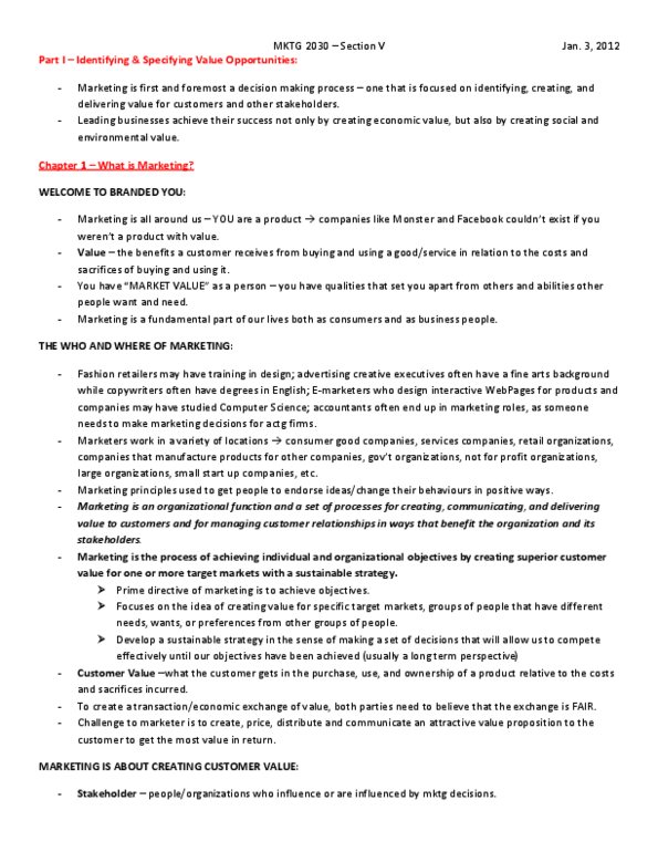 MKTG 2030 Chapter Notes - Chapter 1: Target Market, Market Segmentation, Value Proposition thumbnail