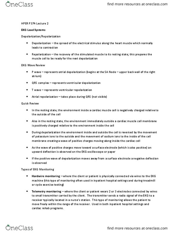 HPER-P - Health, Physical Education And Recreation HPER-P 374 Lecture Notes - Lecture 2: Cardiac Muscle Cell, Electrocardiography, Qrs Complex thumbnail