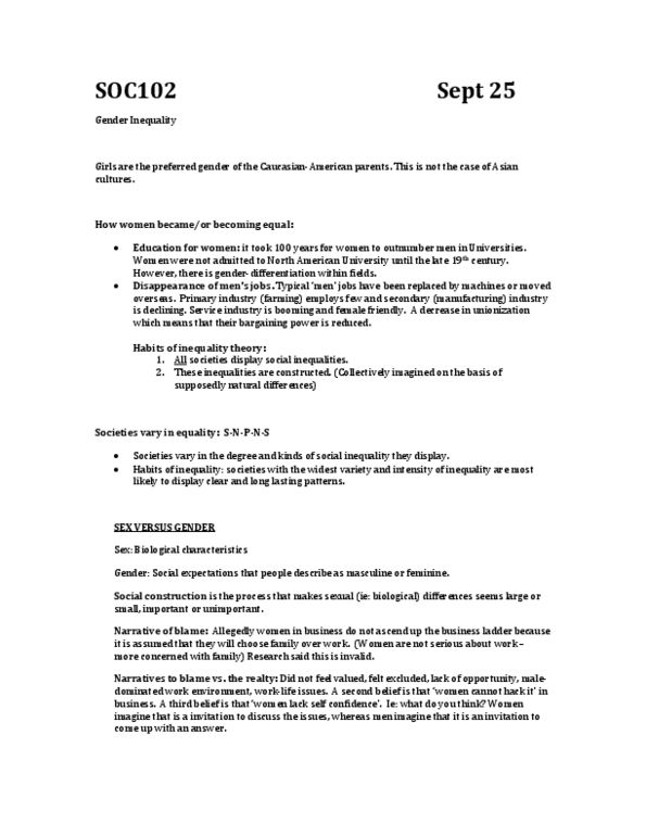 SOC102H1 Lecture Notes - Primary Sector Of The Economy, Social Inequality, Ann Oakley thumbnail