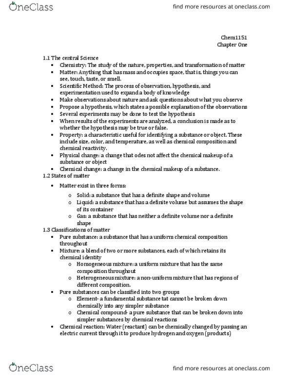 CHEM 1151 Lecture Notes - Lecture 1: Chemical Reaction, Chemical Change, Kilogram thumbnail