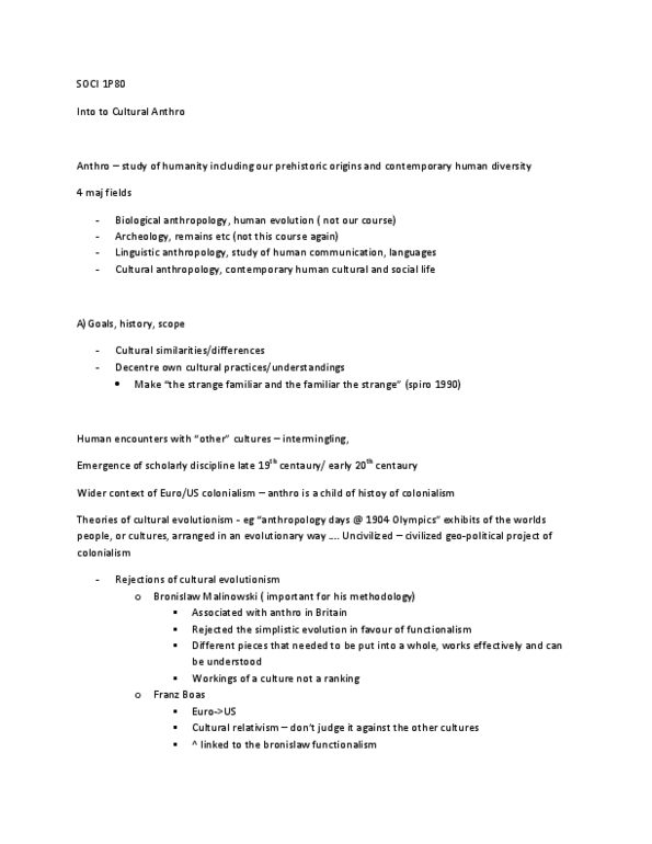 SOCI 1P80 Lecture Notes - Franz Boas, Sociocultural Evolution, Linguistic Anthropology thumbnail