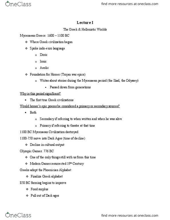 HIST 150 Lecture Notes - Lecture 1: Phoenician Alphabet, Mycenaean Greece, Trojan War thumbnail